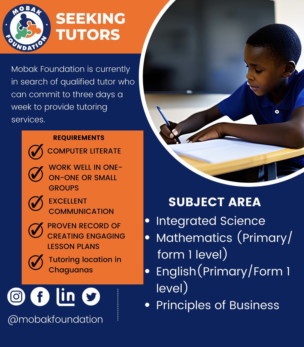 MobakF's tweet photo. Mobak Foundation is seeking interested and qualified Tutors
https://t.co/qTSkhZISvK https://t.co/Rl9VHyoIVZ