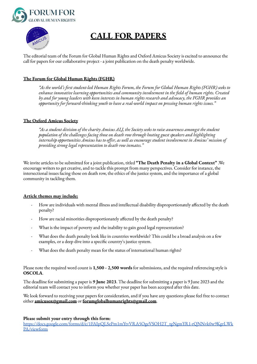 ForumGlobalHR's tweet photo. 🚨 New Opportunity! 🚨

FGHR is partnering with @Amicus_OU to produce a joint publication on “The Death Penalty in a Global Context,” and we are looking for submissions from you! Call for papers attached!

Deadline: 09 June 2023. https://t.co/uEKDWWEv6Q