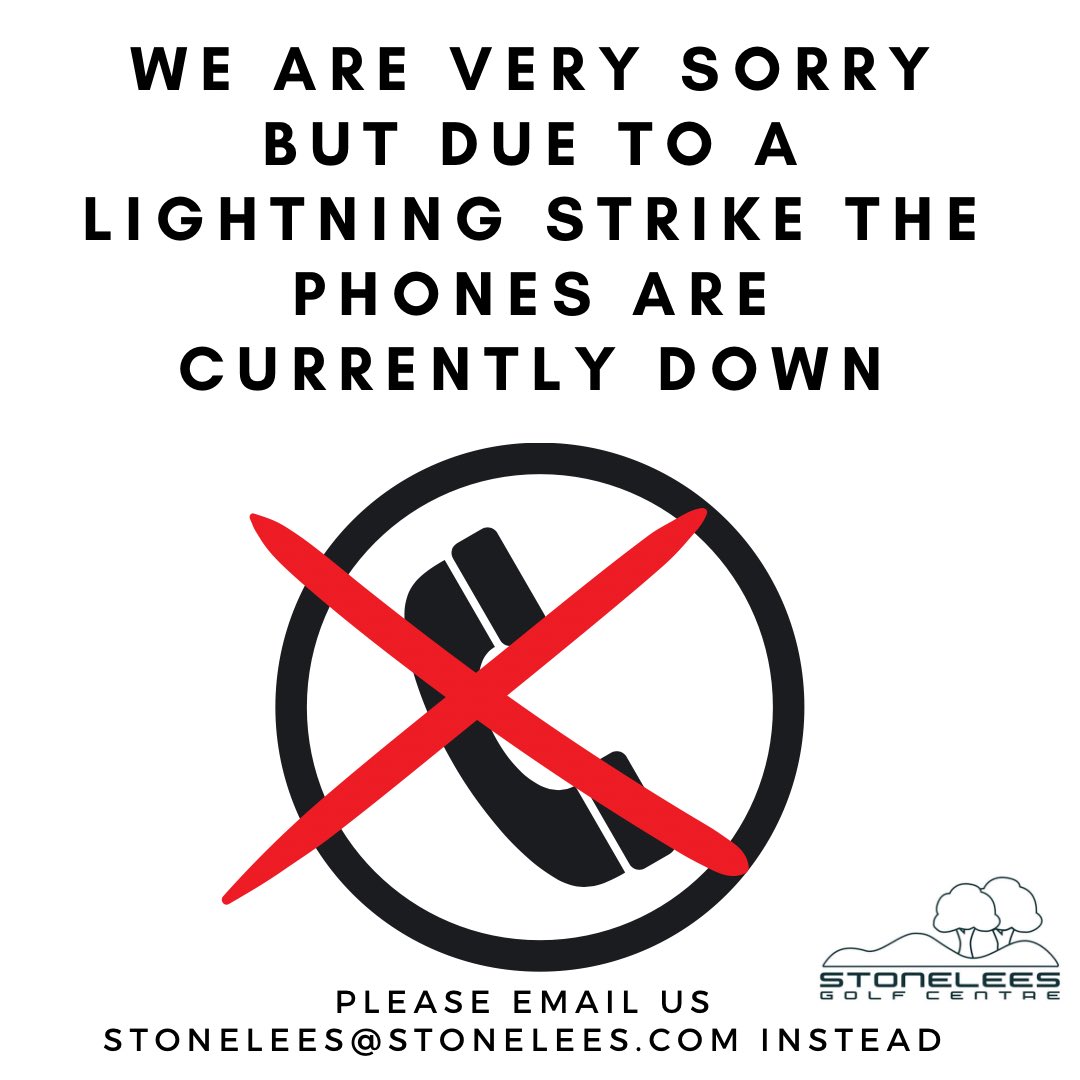 Sorry to anyone who’s tried to call us, unfortunately we were struck by lightning last night &amp; the phones are down. 

We are however open as normal!

#golf #stonelees #stoneleesgolf #weareopen