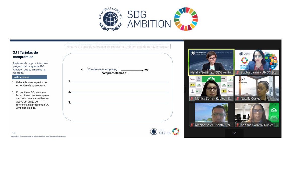 PactoGlobalEcua's tweet image. En el marco del programa #SDGAmbition se llevó a cabo la sesión de trabajo final durante la cual se revisó con los participantes los contenidos del módulo 3, los entregables finales del programa donde las empresas presentarán su plan de 3, 6 y 9 meses; su tarjeta de compromiso…