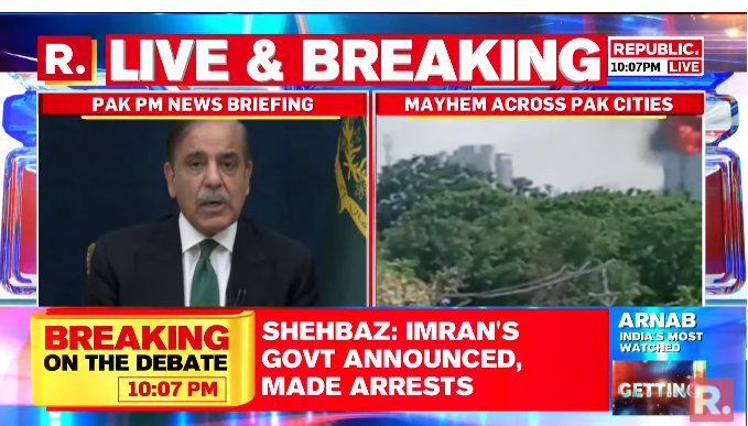 republic's tweet photo. #PakLearnALesson | Imran Khan is punished in corruption cases. It is animosity with the country to vandalise nation's property: Pakistan PM Shehbaz Sharif on chaos across the country. Tune in here - https://t.co/XwQU4OdacJ
#Pakistan #PakArmy #ShehbazSharif #ImranKhan #ImranKhanArrested