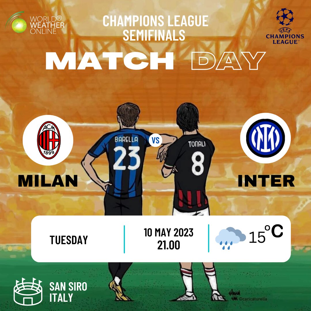 worldweatheronl's tweet photo. Rain or shine, the #milaninter match between #ACMilan and #FCInternazionale promises to be intense! Despite the rain and moderate winds, the teams battle it out for a spot in the #ChampionsLeague finals. Let's cheer for our favorite team! ⚽️🏆 #FootballWeather #CLsemifinal 🌦️☔ https://t.co/XxXYGPzpiK