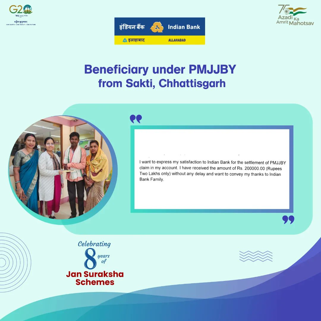 MyIndianBank's tweet photo. Since inception, Indian Bank has enrolled 45 lakh people under Pradhan Mantri Jeevan Jyoti Bima Yojana. Here are testimonials from few of the beneficiaries. 
#8YearsofPMJJBY #JanSuraksha

@DFS_India https://t.co/cBjIFDL7P3