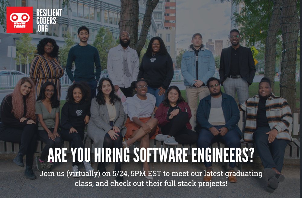 resilientcoders's tweet image. Is your company hiring #FullStack engineers? Then you should join us (virtually) in two weeks to meet the 2023A Resilient Coders graduating class! Learn more/RSVP: bit.ly/3LRAYA7 

#ResilientCoders #OpenToWork #FullStackDevelopers #Boston #Philly #Philadelphia #Events