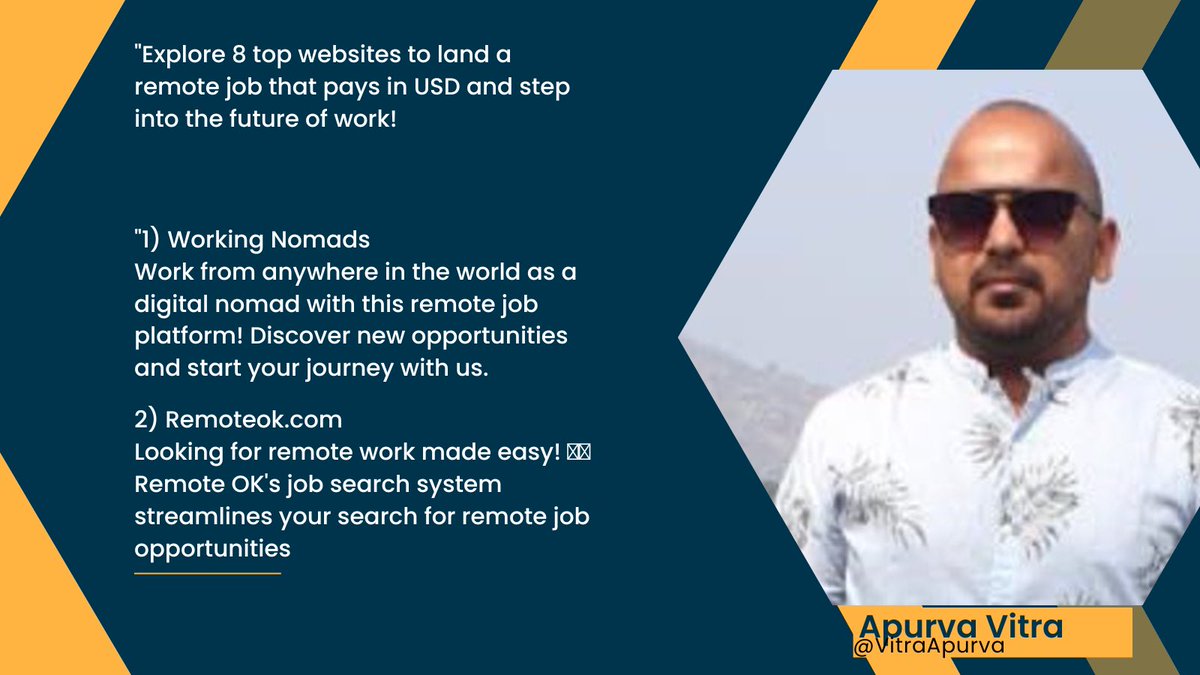 VitraApurvaa's tweet photo. Exploring 8 top websites to land a remote job that pay in USD and step into the future of work.
#remotework #remoteteam #digitalnomad #distributedteam #telecommute #workfromhome #odeskwork #justremote #jobboardsearch #wellfound #workingnomads #remoteok #USD #jobsearch #jobhunt https://t.co/B7tn0NrjLX