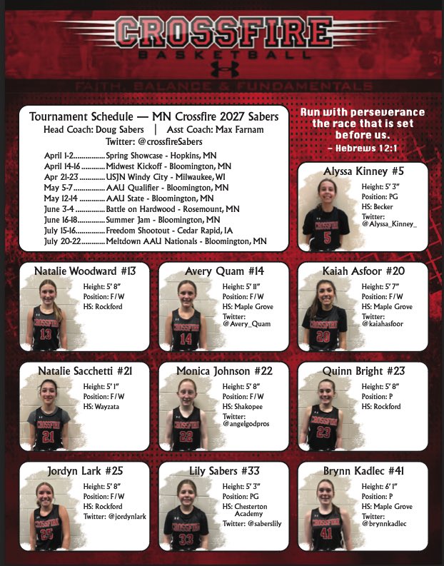 Crossfire Sabers 2027 (@crossfiresabers) on Twitter photo State tournament brackets are set. First game against Start Strong Black at Kennedy HS gym 3. tournamentdepot.com/tournament/#!/β¦
<a href="/CrossfireGHoops/">Crossfire Girls Hoops MN AAU</a> State tournament brackets are set. First game against Start Strong Black at Kennedy HS gym 3. tournamentdepot.com/tournament/#!/β¦
<a href="/CrossfireGHoops/">Crossfire Girls Hoops MN AAU</a>