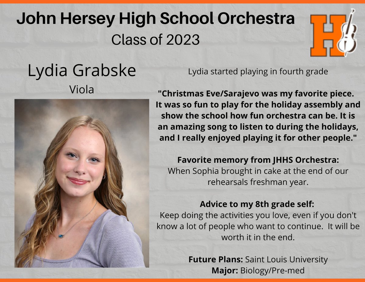 Next up for the JHHS Orchestra grads is Violist Lydia!  You may have also seen her performing with the <a href="/HerseyChoir/">John Hersey High School Choir</a>!  Congratulations and good luck!  <a href="/herseyfinearts/">Hersey HS Fine Arts</a>  <a href="/RavensOrchestra/">RTMS Ravens Orchestra</a>