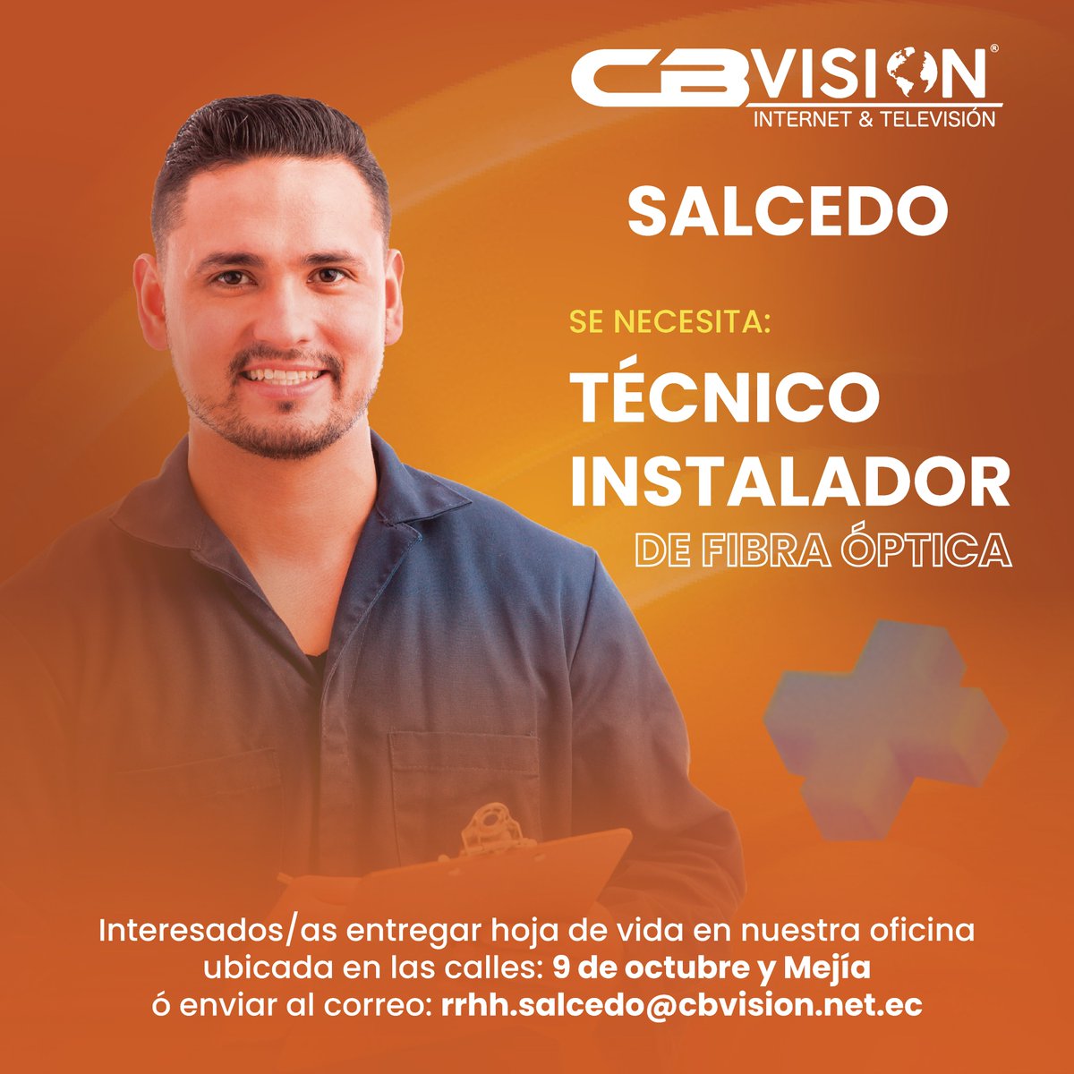 cbvisionec's tweet photo. #Salcedo ¡Esta oferta laboral es para ti!
TÉCNICO INSTALADOR.
Requisitos:
- Sólidos conocimientos en informática, redes e instalaciones de internet y tv, mediante fibra óptica. 
- Habilidades sociales.
- Licencia de conducir tipo B o C. 
- Disponibilidad inmediata.
#Cbvision https://t.co/EWW3kMGDFU