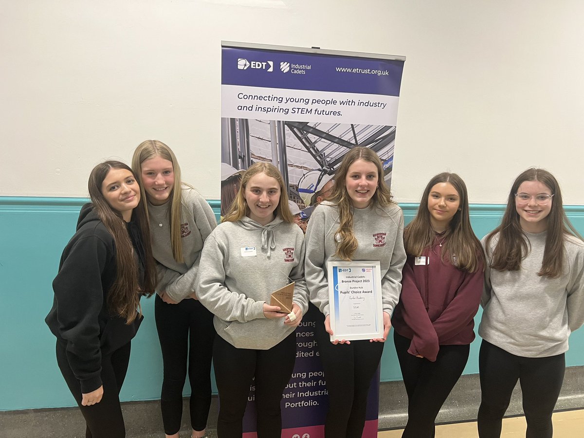 FATech_Ed's tweet photo. Well done to our S2 all Girl #GO4SET team that nailed the Pupils’ Award at the @EDTScotland event at Abertay Uni. Pictured with their mentors from @GSK it was a great finale to a 12 week STEM project that has led to a bronze industrial cadet certificate too #FORrepect_integrity https://t.co/1jmTuCRrbR