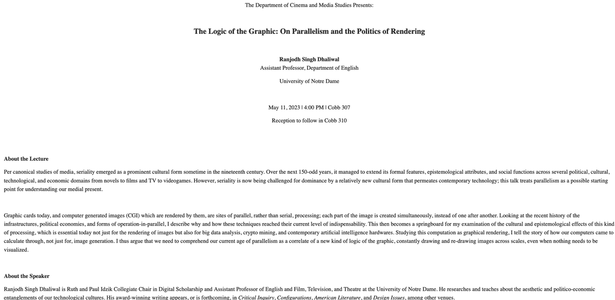 If you are in Hyde Park tomorrow (May 11, Thursday), I am giving the final Cinema and Media Studies Lecture of the year in the department of CMS at the University of Chicago at 4pm. I will be talking about serial media, parallel computation, and graphical rendering. Come join us!