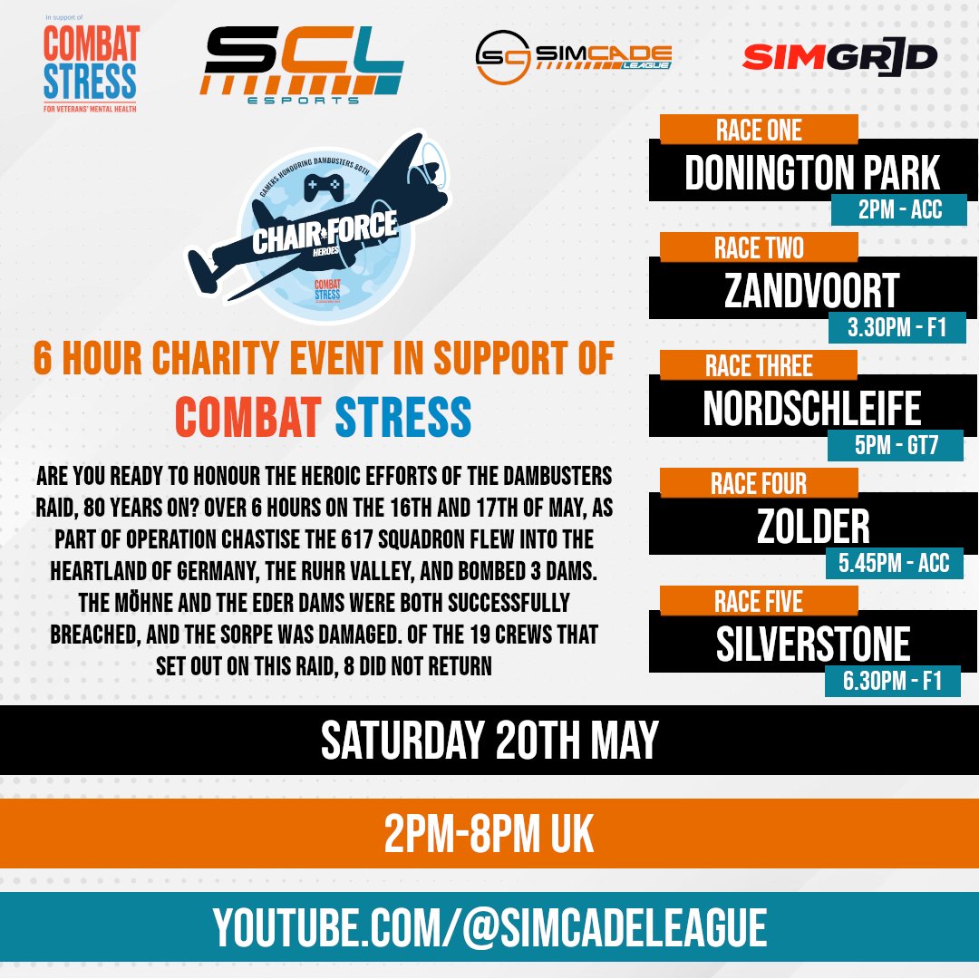 SimcadeLeague's tweet photo. SimcadeLeague is hosting a 6 hour Charity Event on 20th May 2023

6 hours of racing across @AC_assettocorsa, @EASPORTSF1 and @thegranturismo 

In support of @CombatStress, we hope you can join us, race, and raise funds for this very important charity!! 

https://t.co/CpTe5npGaA https://t.co/WKA8yLexn7