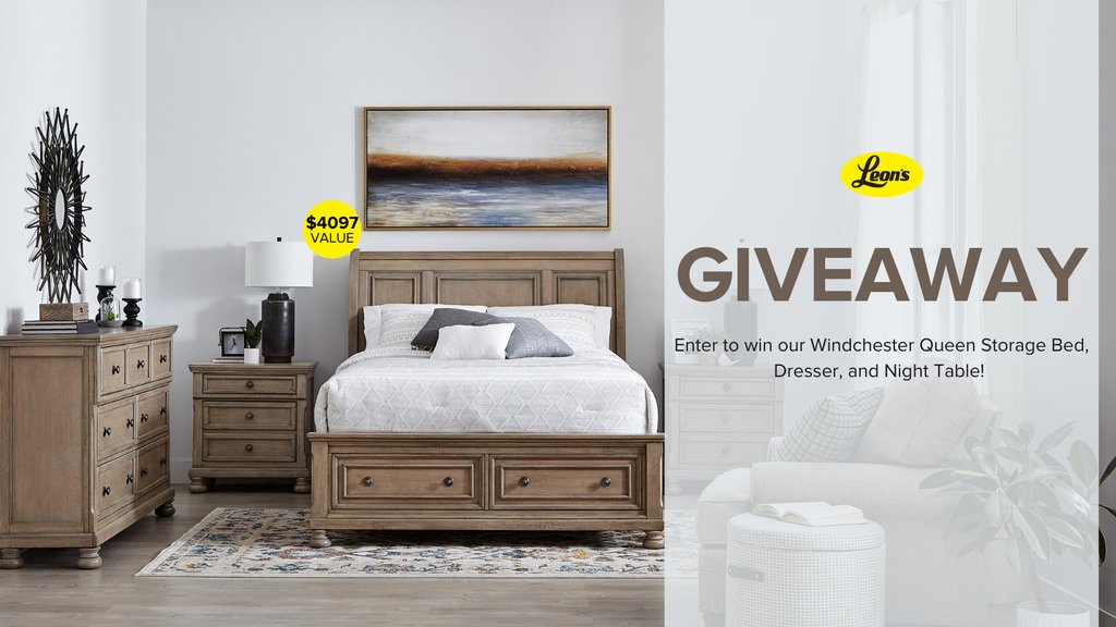 LeonsFurniture's tweet photo. ⭐️GIVEAWAY ALERT! ⭐️ Enter to win our dreamy Winchester Bedroom Set! The set includes a Queen storage bed, a dresser, and a night table! 😍

Enter -> https://t.co/tCUqKDKktr

Giveaway closes on May 28th. Giveaway not open to residents of Quebec. See giveaway page for full rules. https://t.co/Tr1D4mCpY1