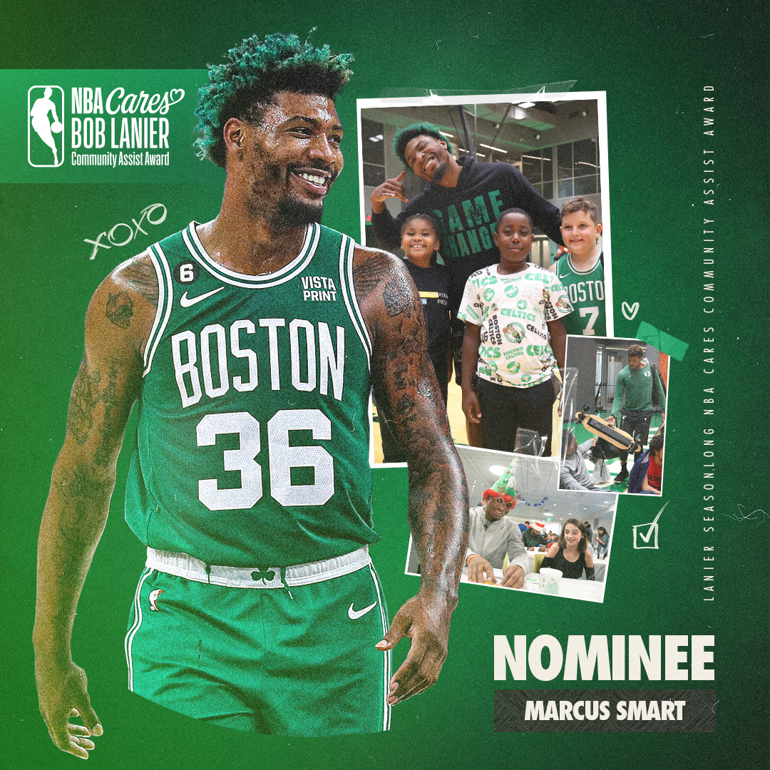 Marcus Smart's community efforts have earned him a nomination for the 2022-23 Bob Lanier Seasonlong Community Assist Award 💚

Visit bit.ly/42BQ0R6 now to cast your vote or reply with #NBACommunityAssist #MarcusSmart