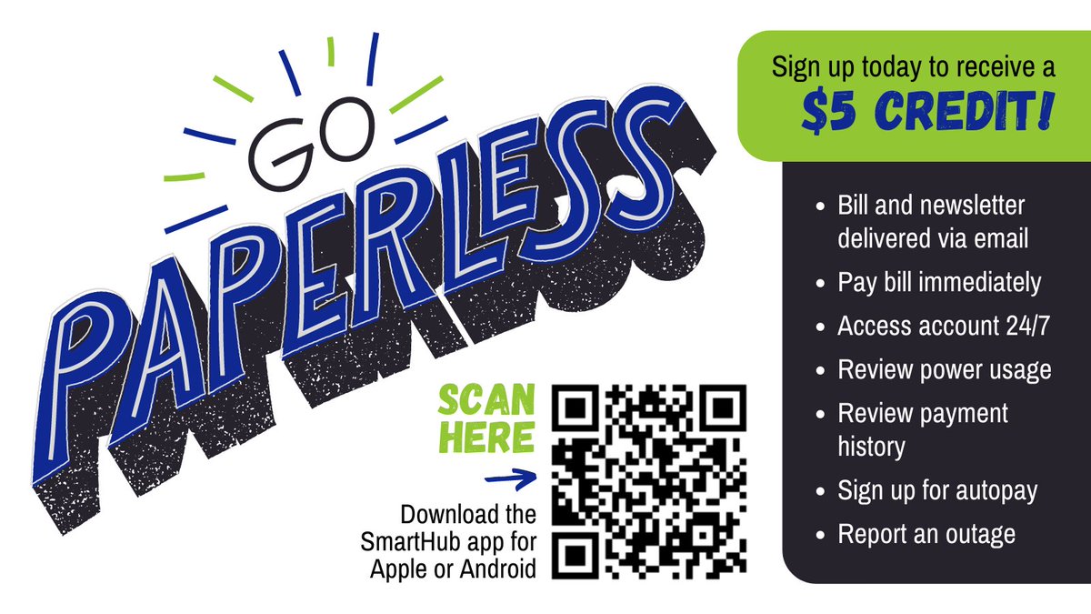franklinpud's tweet image. Sign up for paperless billing and receive a $5 CREDIT! Franklin PUD utilizes SmartHub for paperless billing. Download the app for Apple or Android by scanning the QR code in the image below or visit franklinpud.smarthub.coop. #FranklinPUD #PaperlessBilling