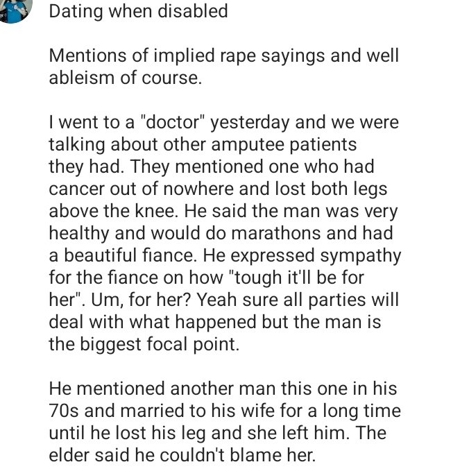 haleafine's tweet photo. Long rant about people saying disabled folks are a burden to be with.
#DisabilityTwitter #disabled #amputee #interabled https://t.co/XW7jiyxCHx