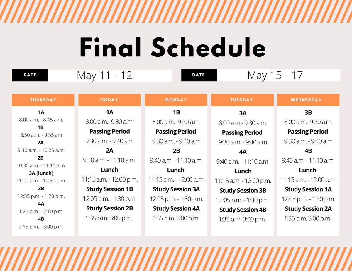Final schedule begins May 11. See infographic below for more information. 📕✏️
