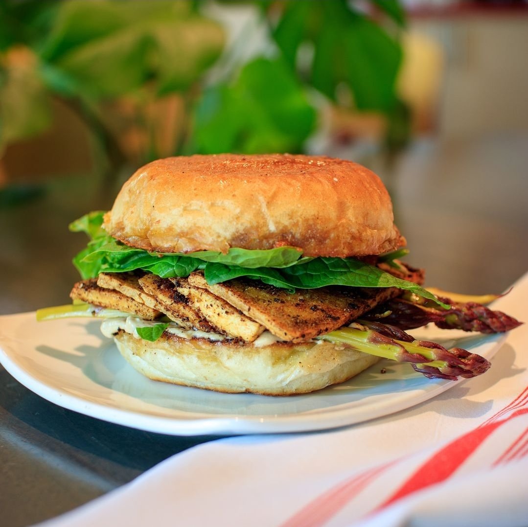 New Sammy of the Week: Michigan Tofu Sammy! An F&amp;F bun with Tofu from Ann Arbor, Asparagus and Spinach from Ada, Toasted Onion Mayo with onions from Zeeland.