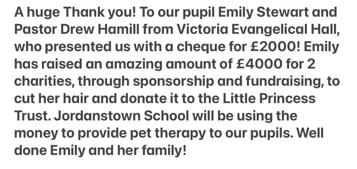 JordanstownS's tweet photo. Well done to Emily Stewart and family for raising an amazing amount of £4000 for charity and donating your hair to The Little Princess Trust. ✨✨✨ https://t.co/j0td5stb27