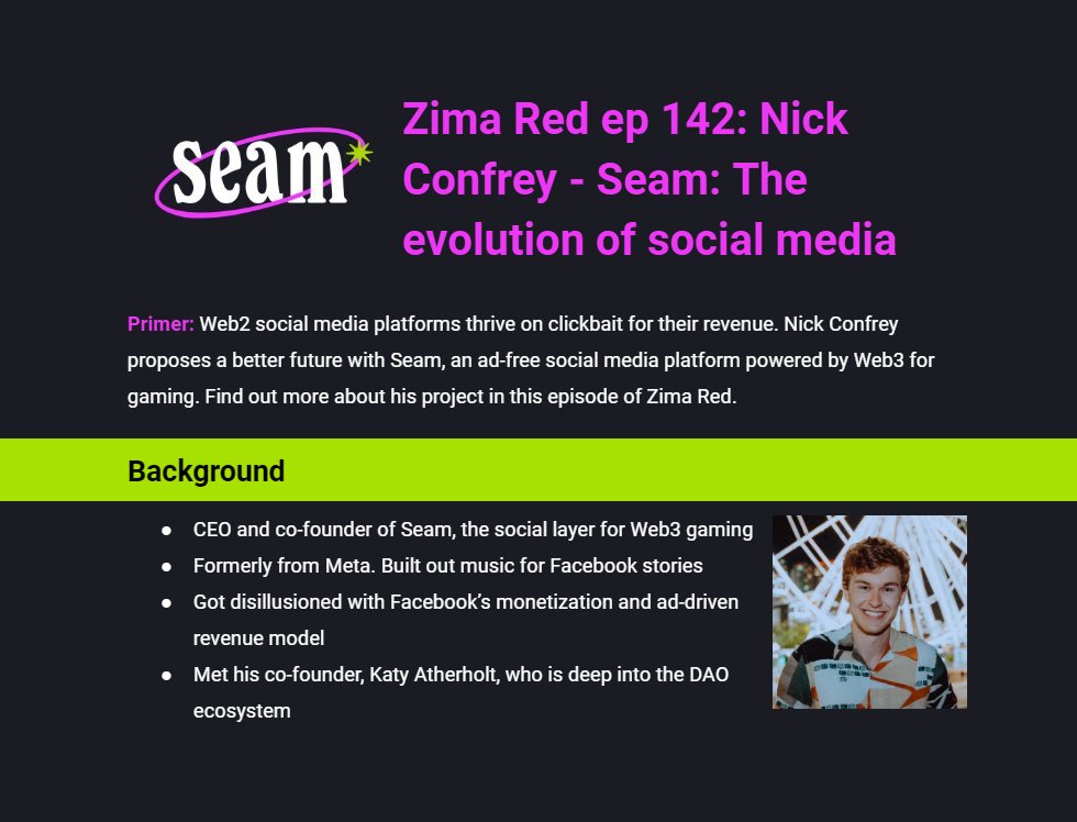 Social media is gonna evolve seamlessly with <a href="/seam_xyz/">seam social</a> 😎

Let's find out how from <a href="/nickconfrey/">Nick Confrey</a> and <a href="/AndrewSteinwold/">Andrew Steinwold</a> in this episode of <a href="/zima_red/">Zima Red</a> 👇