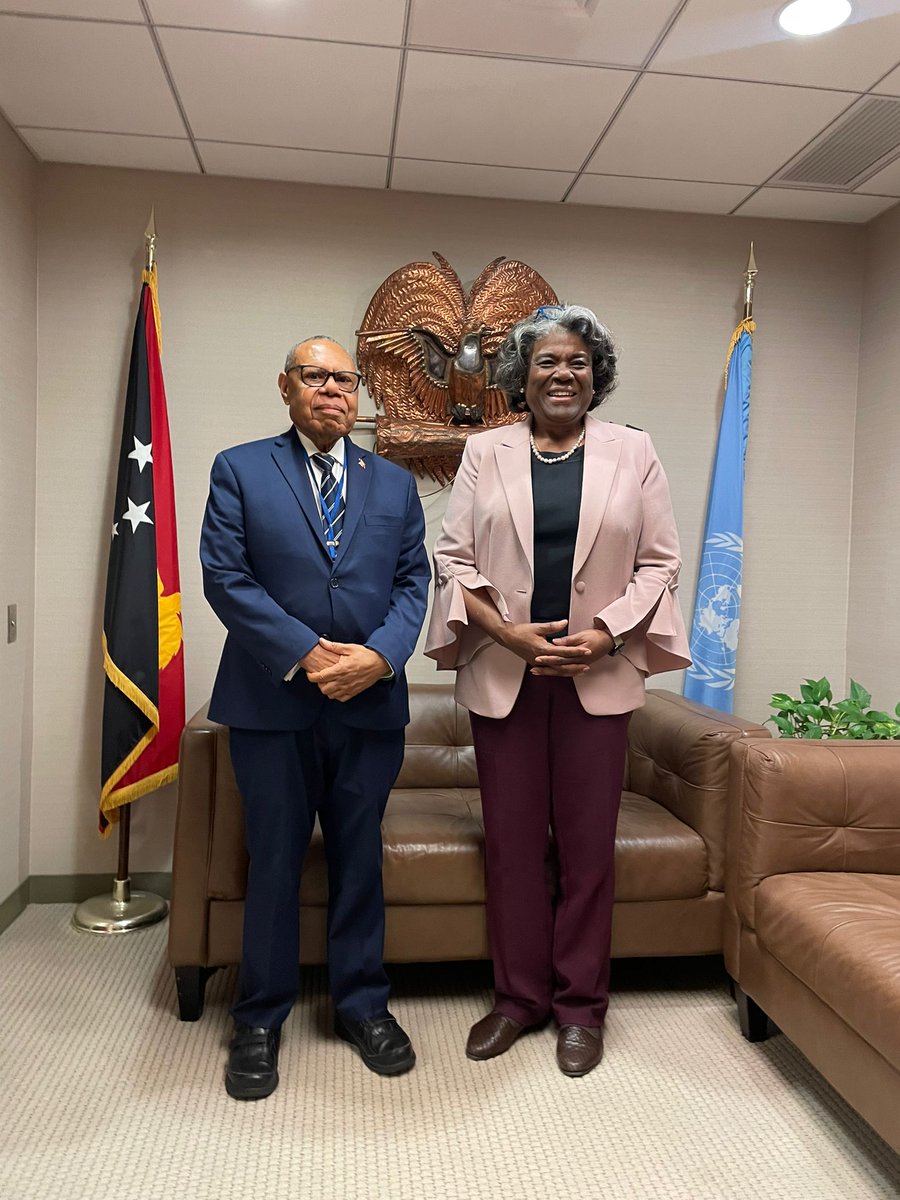FSarufa's tweet photo. Honoured to host at the Papua New Guinea Mission the courtesy call by United States Permanent Representative and Ambassador to the United Nations Her Excellency Linda Thomas-Greenfield. https://t.co/WohFSeW6EC