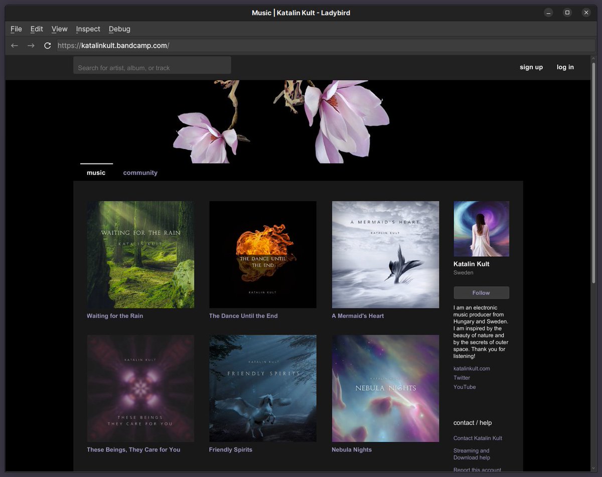 Screenshot of a Bandcamp profile in the Ladybird web browser. The page layout looks pretty good, although there are some minor blemishes.