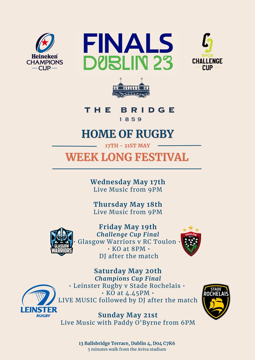 TheBridge1859's tweet photo. The wait is over! Join us for a 5 day festival to kick off the Champions Cup final week! With live music, DJs, food & more, we guarantee a magical time!
#ChampionsCup #ExcitingWeekAheadย #WeekOfFun https://t.co/3kO5ty40F1