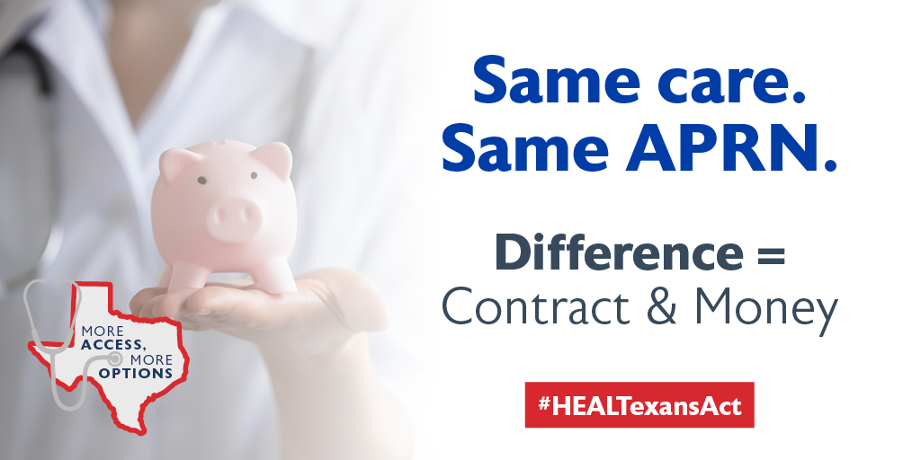 Texans4HCAccess's tweet photo. TMA argues that an APRNโs care is safe with a contract; without it, it isnโt. Same care. Same APRN. The only difference is a contract & money. https://t.co/cic2QUQe3o #PatientsOverProfits #txlege #MoreAccessMoreOptions #HEALTexansAct (1/2) https://t.co/ouHjKo2HCX