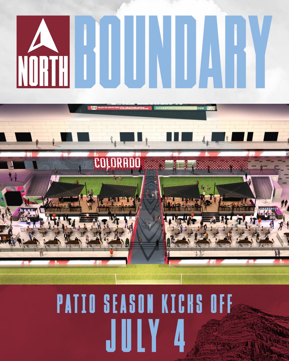 ColoradoRapids's tweet photo. Introducing the North Boundary, the only field-level patio in Denver sports 🏔️

As part of our ongoing matchday enhancements at DICK'S Sporting Goods Park, we're renovating the north terrace into a communal space for fans!

Patio season kicks off here » https://t.co/c0UGgpxgrF https://t.co/tVynIodOtg
