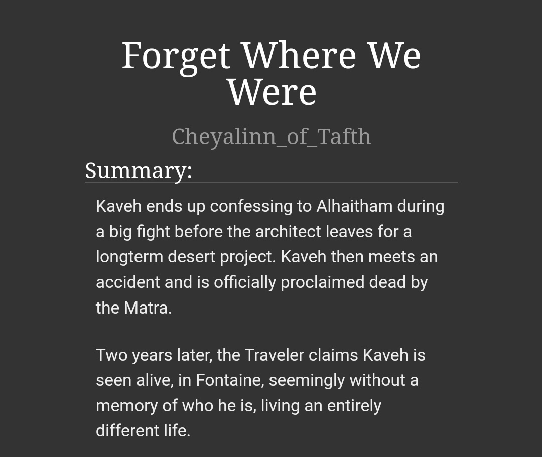 cheyalinn's tweet photo. FINAL UPDATE #haikaveh amnesia au.
completed 20/20, 54.7k words

kaveh finally tied up all the loose ends of his life as kiran. it's time to come home.

https://t.co/WGmAvo3pJ4 https://t.co/LhpHP494m8
