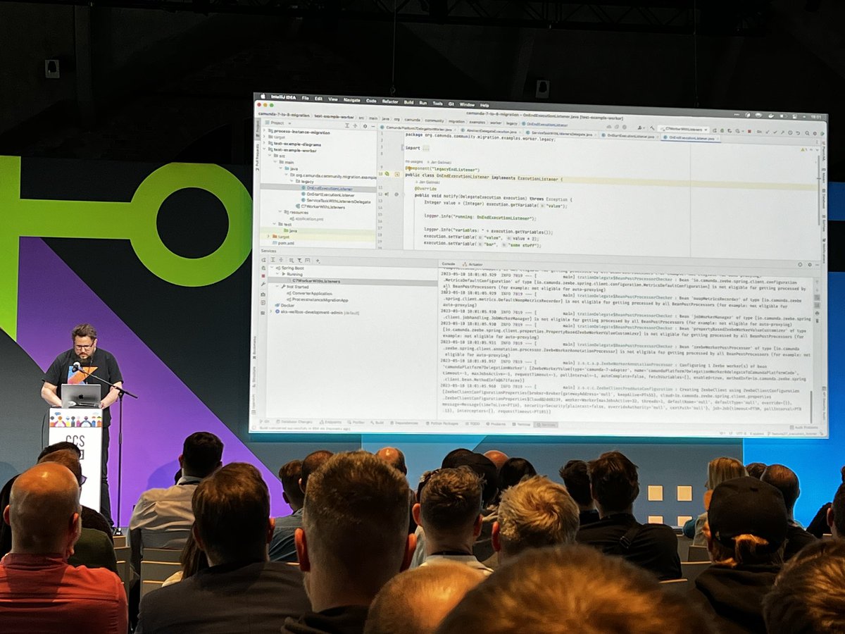 Camunda's tweet photo. Now, Team “Shut Up and Listen” mostly asking for applause but also accomplishing some things and having fun with migrating to Camunda Platform 8 with listeners. #CamundaSummit https://t.co/I7xC9o1GwN