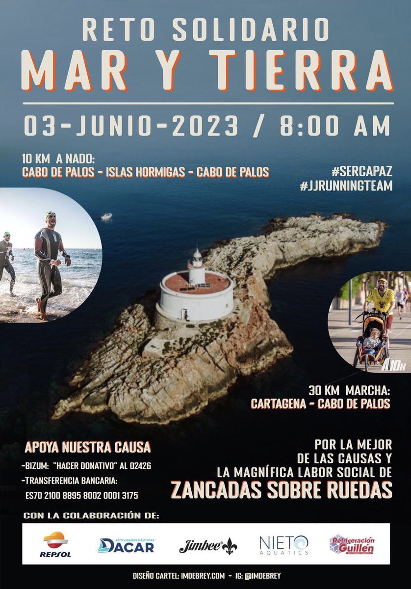 COEC_es's tweet photo. 🏃🏻‍♀️ Reto solidario organizado por @ZancadasR 

🏊‍♀️ 10kms a nado: Cabo de Palos - Islas Hormigas - Cabo de Palos 

🏃🏻‍♂️ 30kms marcha: Cartagena - Cabo de Palos 

🗓️ 3 de junio 
⏰ 8:00h 

¡Apoya nuestra causa! 

#sercapaz
#jjrunningteam https://t.co/mqSZjW9knu