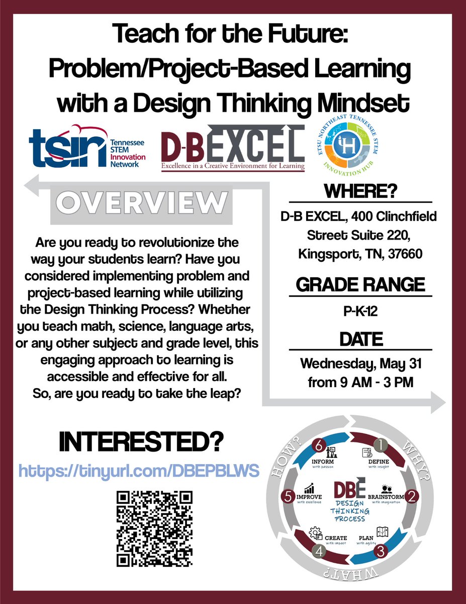 theTSIN's tweet photo. Join @KCS_DBEXCEL &amp; @etsucese for an engaging PD opportunity! D-B Excel is hosting "Teach for the Future: Problem/Project-Based Learning with a Design Thinking Mindset" Wed., May 31, 2023, 9 AM-3 PM EDT, &amp; is appropriate for K-12 Ts. Interested? https://t.co/24w6mVagWA #TNSTEM https://t.co/NEkl34Yl6N