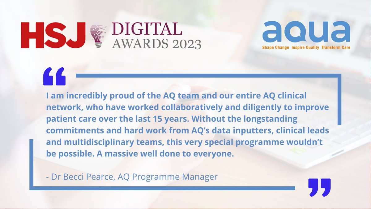 Advancing Quality Alliance (Aqua) (@aqua_nhs) on Twitter photo <a href="/AQprogrammeNHS/">Advancing Quality (AQ)</a> programme manager <a href="/BecciPearce/">Dr. Becci Pearce (She/Her)</a> on how proud she is to see the AQ programme shortlisted <a href="/HSJ_Awards/">HSJ Awards</a> #HSJDigitalAwards
It’s great recognition of all the hard work over the past 15 years
Read more about our reaction and how AQ can help you: aqua.nhs.uk/advancing-qual… <a href="/AQprogrammeNHS/">Advancing Quality (AQ)</a> programme manager <a href="/BecciPearce/">Dr. Becci Pearce (She/Her)</a> on how proud she is to see the AQ programme shortlisted <a href="/HSJ_Awards/">HSJ Awards</a> #HSJDigitalAwards
It’s great recognition of all the hard work over the past 15 years
Read more about our reaction and how AQ can help you: aqua.nhs.uk/advancing-qual…