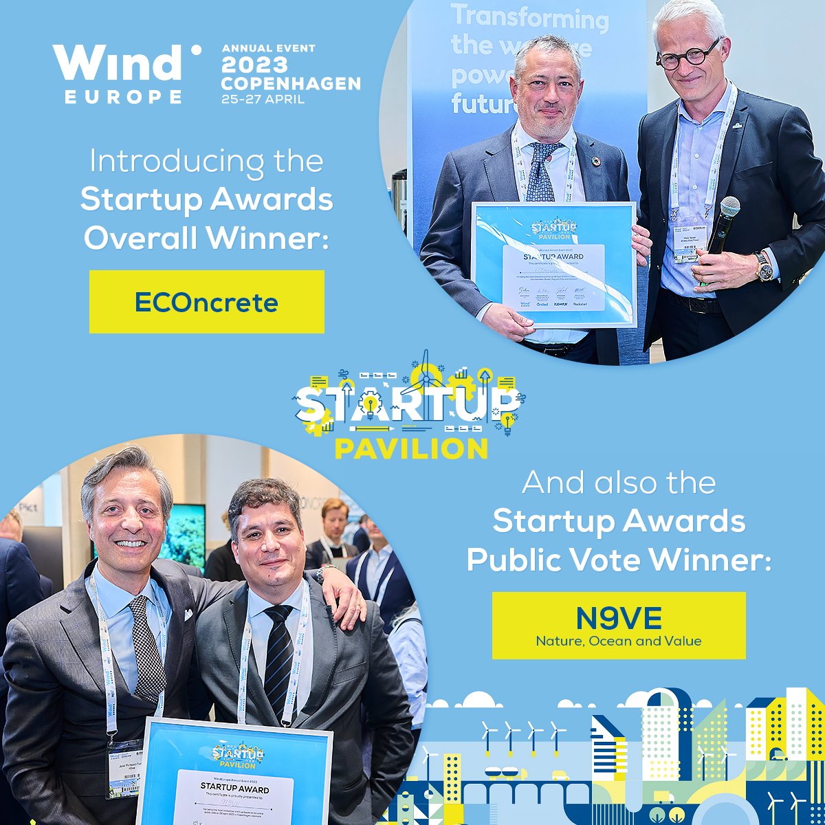 WindEuropeEvent's tweet photo. 🏆 Congratulations to the two winners of the #WindEurope2023 Startup Awards, selected from a pool of talented startups presenting their innovative ideas at the event.
Overall winner: @ECOncrete
👉 https://t.co/76pMLK53Fo
Public vote winner: @n9ve_pt
👉 https://t.co/ETpU1Xv9hc https://t.co/M56rnnOdHk
