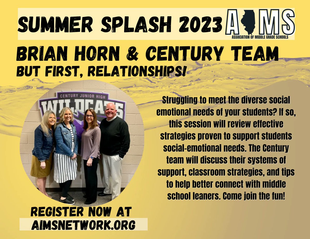 aimsnetwork's tweet photo. Struggling to meet the diverse social emotional needs of your students? Discuss systems of support, classroom strategies, and tips to help better connect with middle school leaners. #SummerSplash2023 #AIMSNetwork #Support #SEL
https://t.co/k4YraQM3fp https://t.co/DYt5SSTCJp
