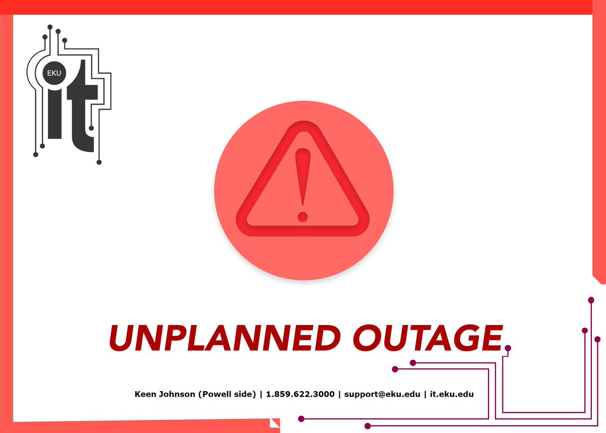 EKUITColonels's tweet photo. One of our campus internet providers-Windstream-has an outage today. This outage is affecting random sites. Traffic to &amp; from campus is affected by this outage.  There is no ETA on a permanent fix, but we will send another IT Notice email when it is resolved #EKU. https://t.co/vBL1tBldOF