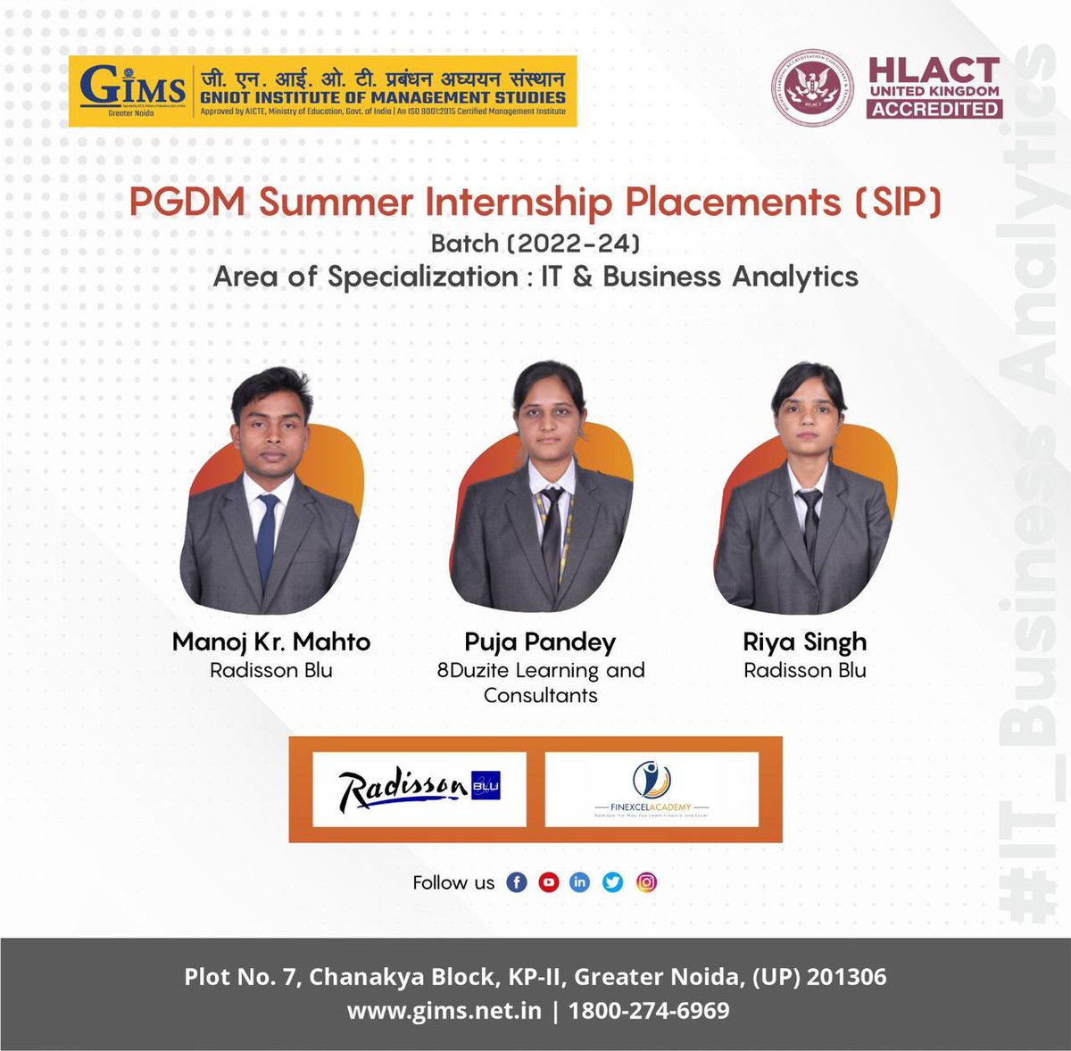 Patience, persistence and perspiration make an unbeatable combination for success. -Napoleon Hill GIMS proudly announces an excellent season of Summer Internships for PGDM Batch 2022-24 (IT & Business Analytics Specialization) #gniot #Gims #GreaterNoida #GreaterNoidaCollege #PGDM