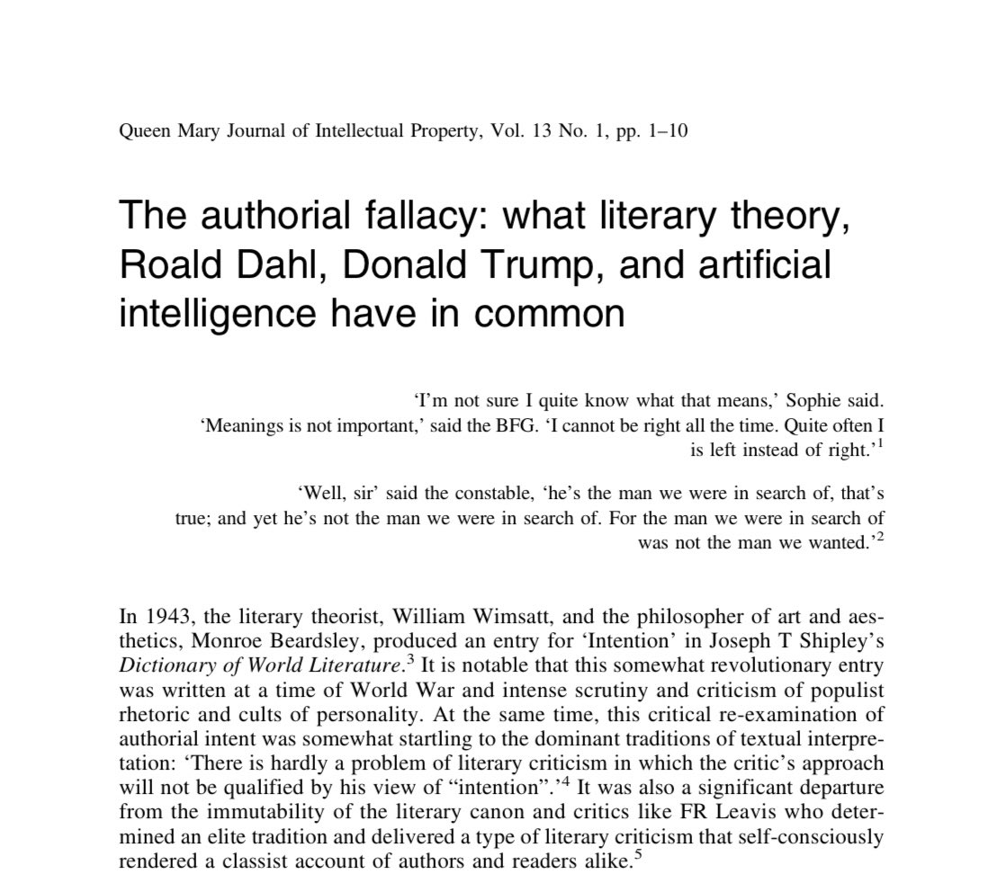 My latest piece for <a href="/QMJIP/">QMJIP</a> - The authorial fallacy: what literary theory, Roald Dahl, Donald Trump, and AI have in common - #LiteraryTheory #IntentionalFallacy #Copyright <a href="/QMSchoolofLaw/">QMUL School of Law</a> <a href="/QMIPRI/">QMIPRI</a> elgaronline.com/view/journals/…