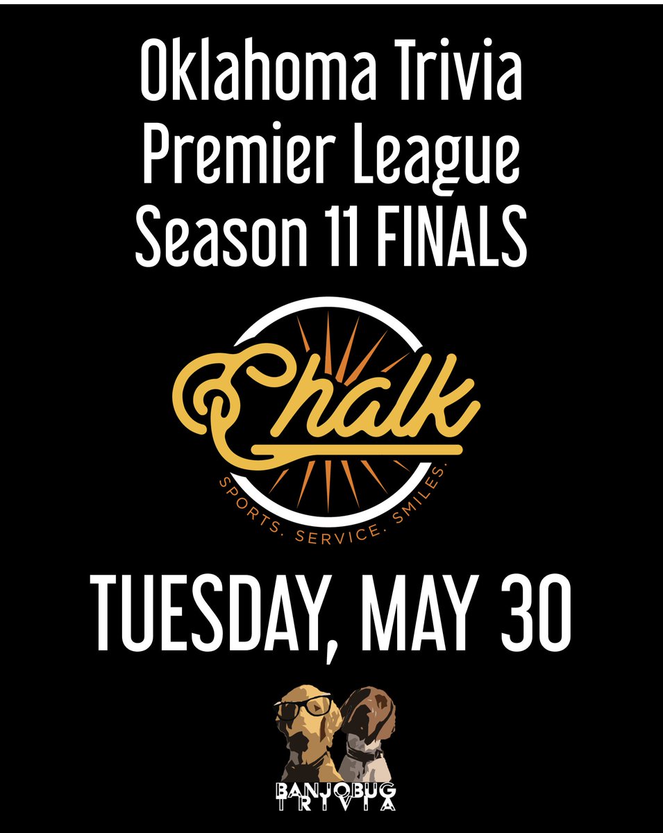 BanjoBugTrivia's tweet photo. You've been patiently waiting -- THE SEASON 11 OTPL FINALS WILL BE HELD AT CHALK SPORTS. A **visual** finale!

THE EVENT will be held on Tuesday, May 30th.

Lots more details to follow. I'll be posting the CURRENT scoreboard for each location (and overall standings) on FRIDAY! https://t.co/q2ZFE1RHsj