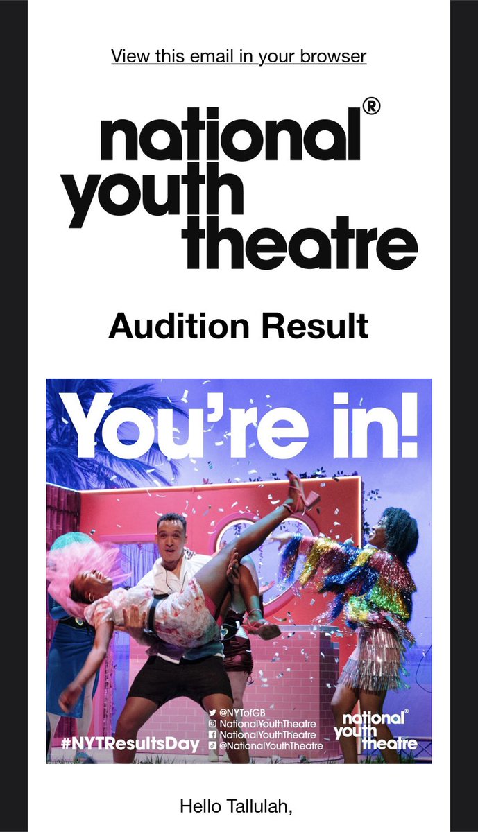 Tallulahhb's tweet photo. BEYOND excited - thank you SO much @NYTofGB eeee!!! #nationalyouththeatre #nytresults #youngactor https://t.co/BPp0F8VG7O