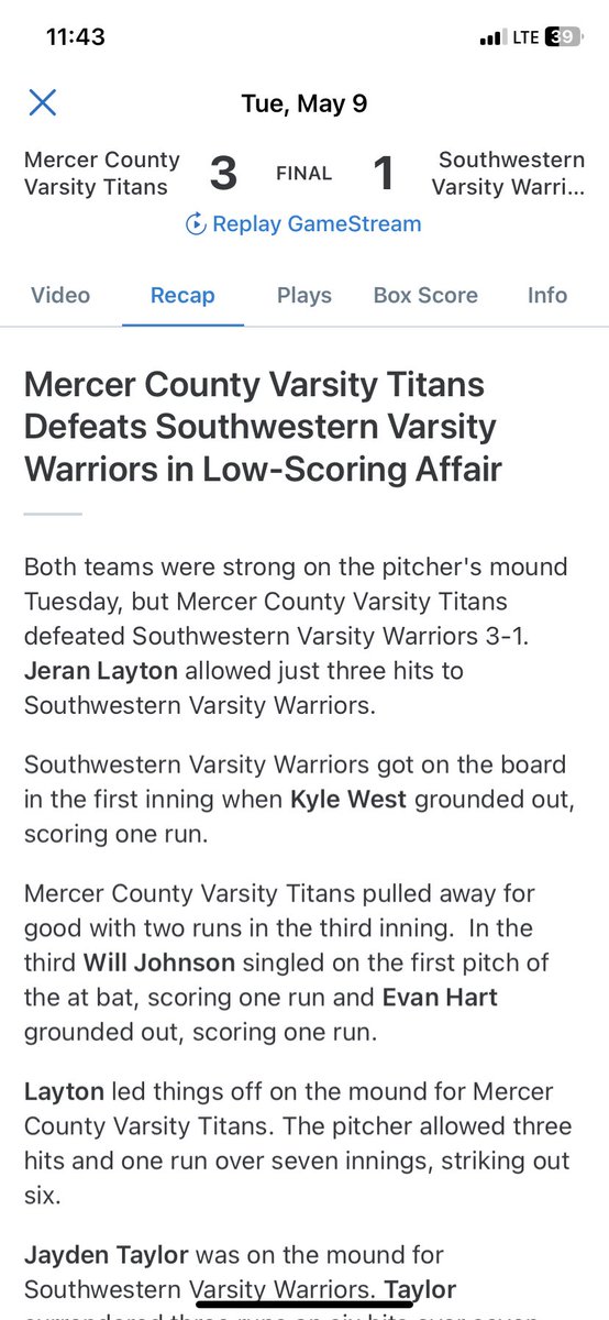 jeranlayton24's tweet photo. First complete varsity game 3H 1R 0ER 6K https://t.co/9KJkmnkx1G