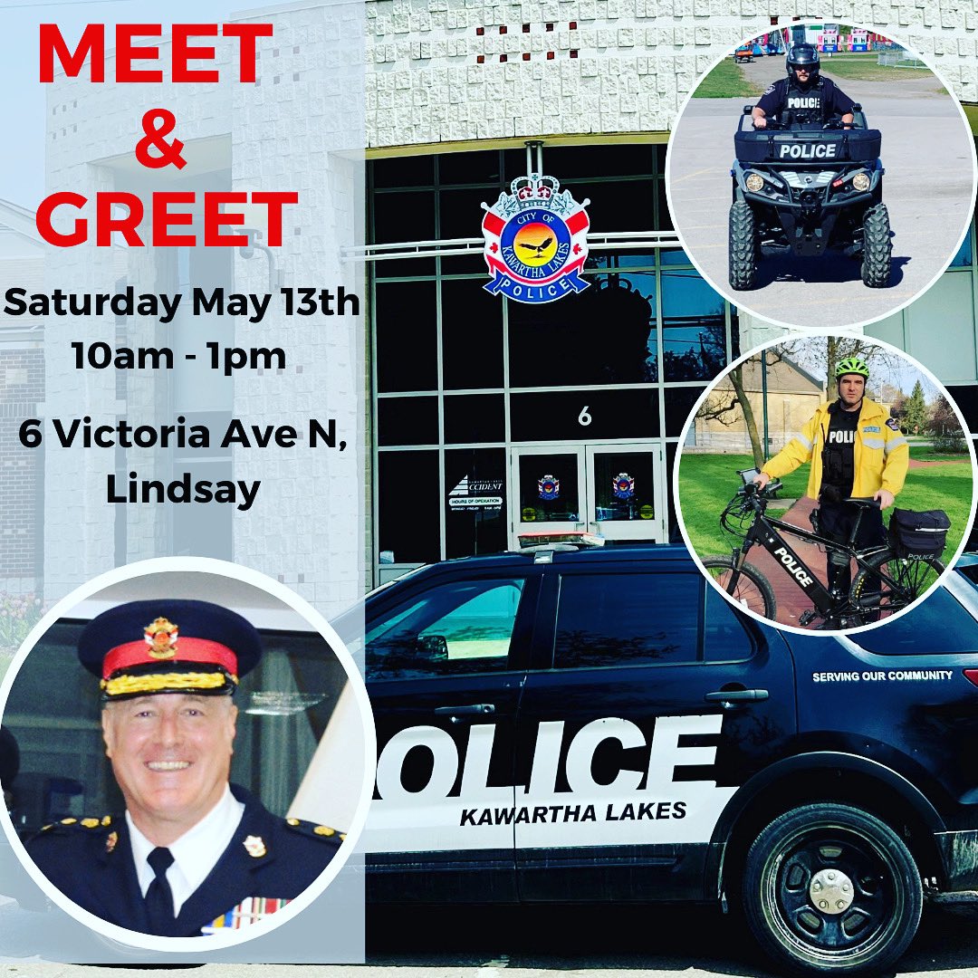 Join us this Saturday for a Meet &amp; Greet as we kick-off #PoliceWeek! 🚔👮‍♂️

Everyones invited to meet members, check out our vehicles and learn more about what we do.

Saturday May 13, 2023
10:00 a.m. to 1:00 p.m.
 6 Victoria Ave N, Lindsay

#PoliceWeekON
#community
#KawarthaLakes
