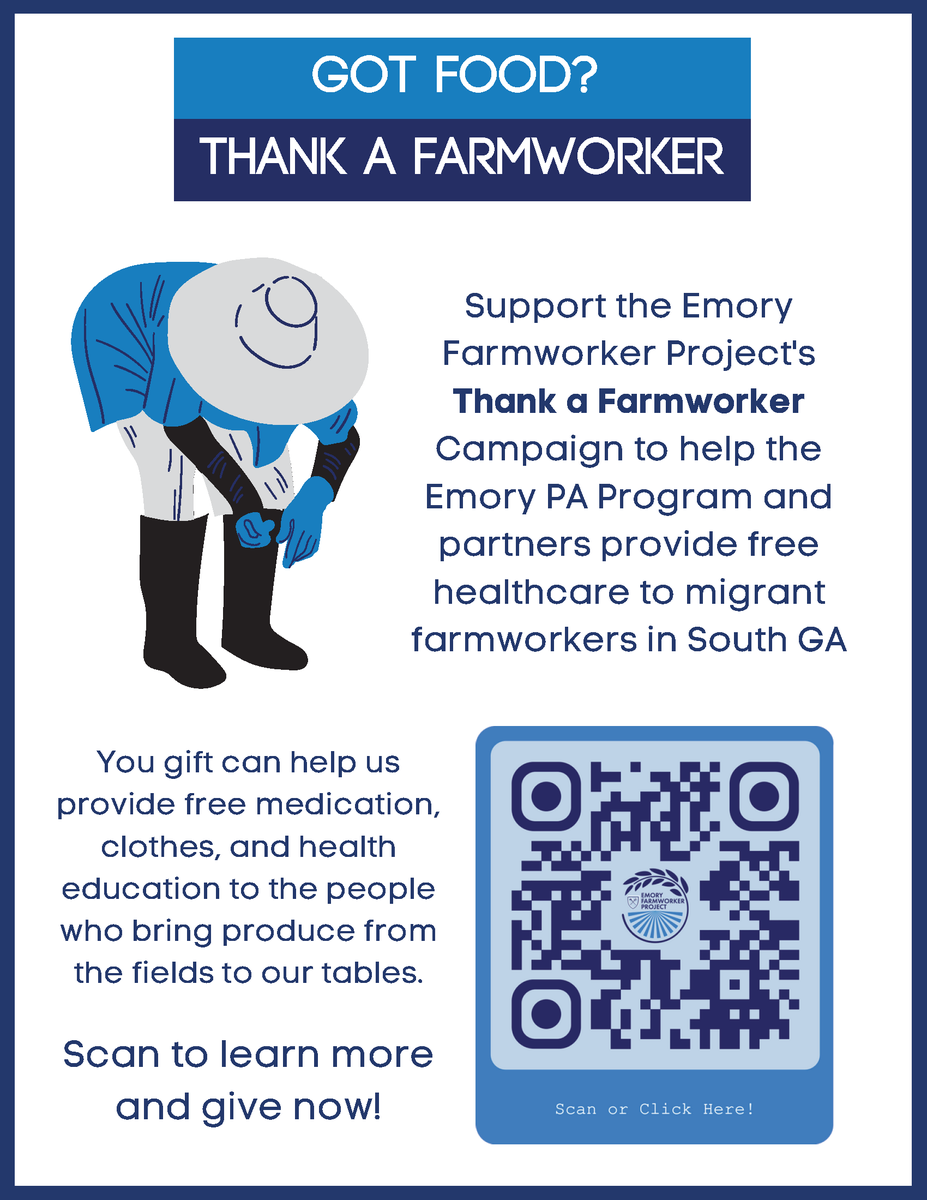 We are one month away from our summer 2023 Emory Farmworker Project! You can support the project and the workers we serve by donating to and sharing our Thank a Farmworker campaign - scan the QR code or go to the link our bio to give and learn more!