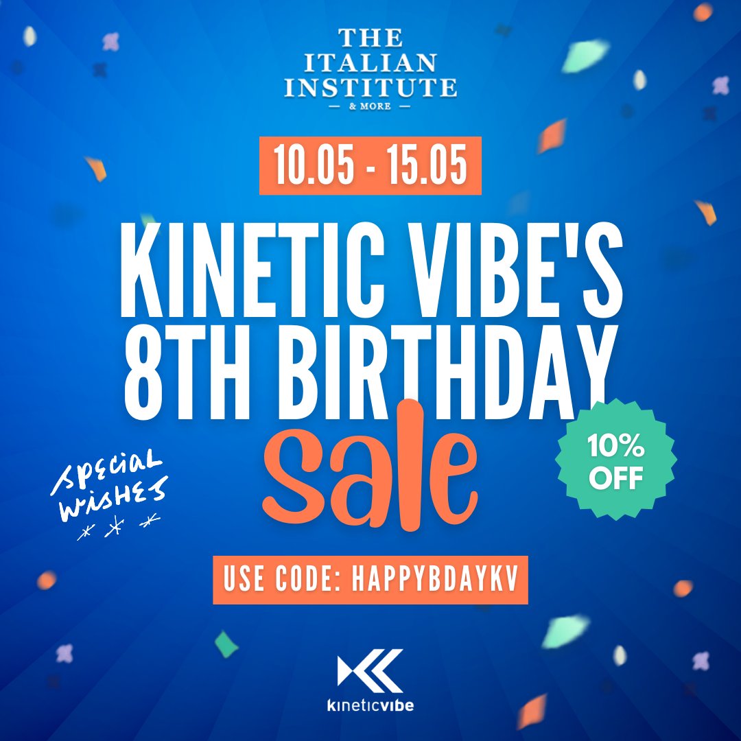 What better way to celebrate our eighth birthday than offering you a 10% DISCOUNT on #ITAInstituteAndMore passes and extras? 🎂

From TODAY until midnight on May 15th (Italian time) use code HAPPYBDAYKV during checkout to enjoy this special sale.

➡️ shop.kineticvibe.net/events/the-ita…