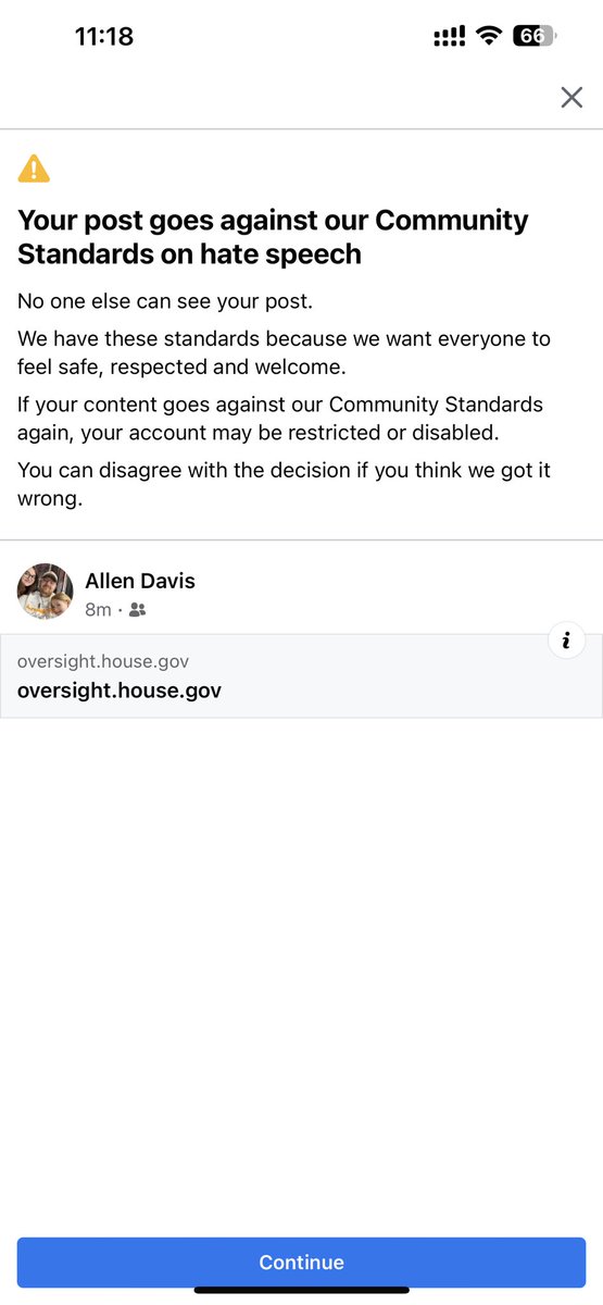 Allen_Davis_622's tweet photo. @GOPoversight Why is Facebook flagging? This post as hate speech. https://t.co/RAahTmDu5q
