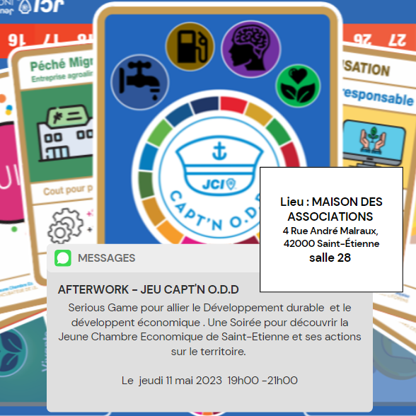 J-1 avant l'événement "Capt'n O.D.D" et mettre le cap  sur les objectifs du développement durable  
 RDV demain  pour embarquer et jouer collectivement pour le développement durable. #CaptnODD 📷
Lieu : Lieu : MAISON DES ASSOCIATIONS 4 Rue André Malraux,  Saint-Étienne - salle 28