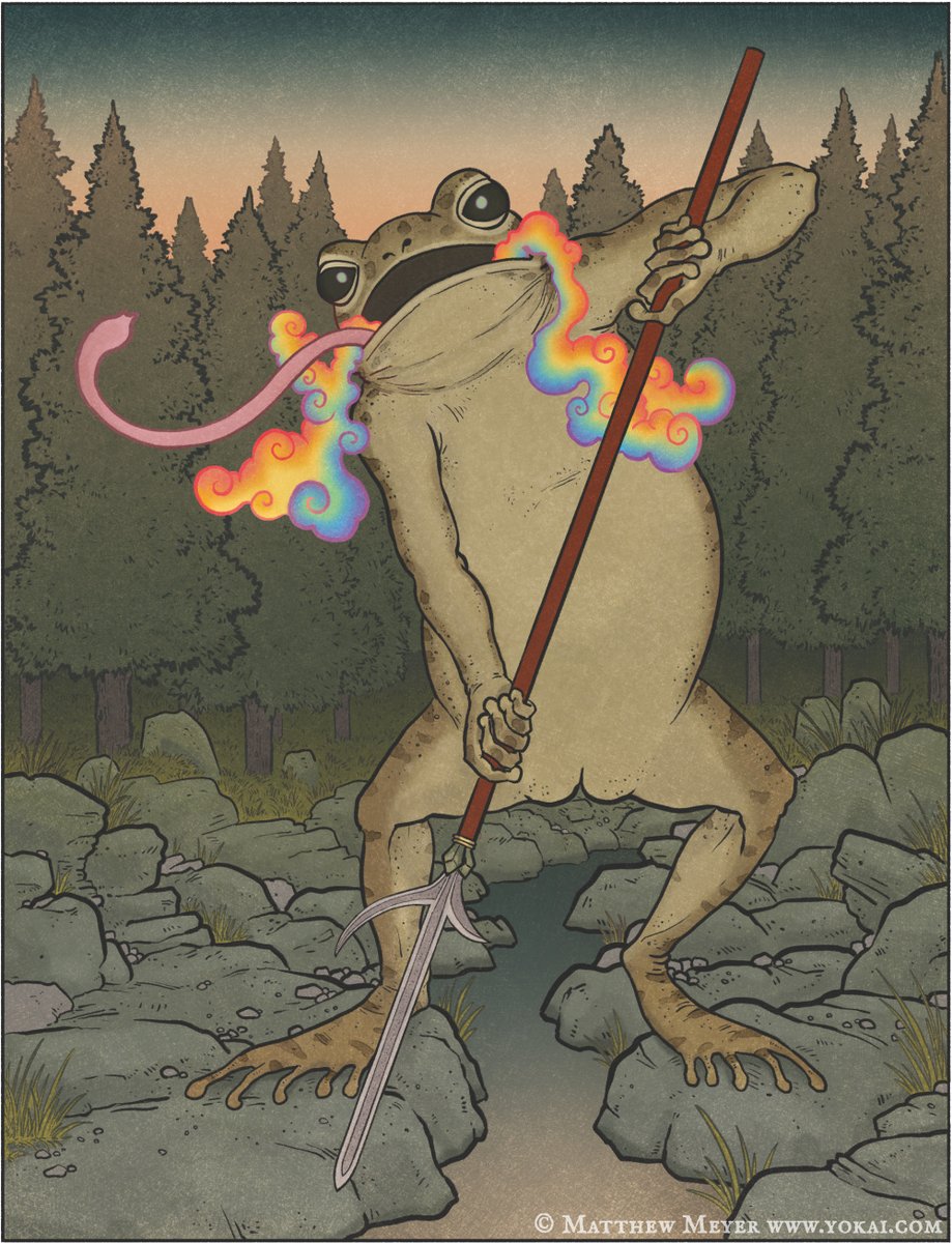 FinnFolklorist's tweet photo. In the legends of Japan, there are tales of legendary giant toads that live in remote mountains and rivers far from humans. Ōgama is a giant toad which breathes rainbow-like smoke and wields a giant spear against whoever attacks it.
#WyrdWednesday https://t.co/HYF5j5I8Sm