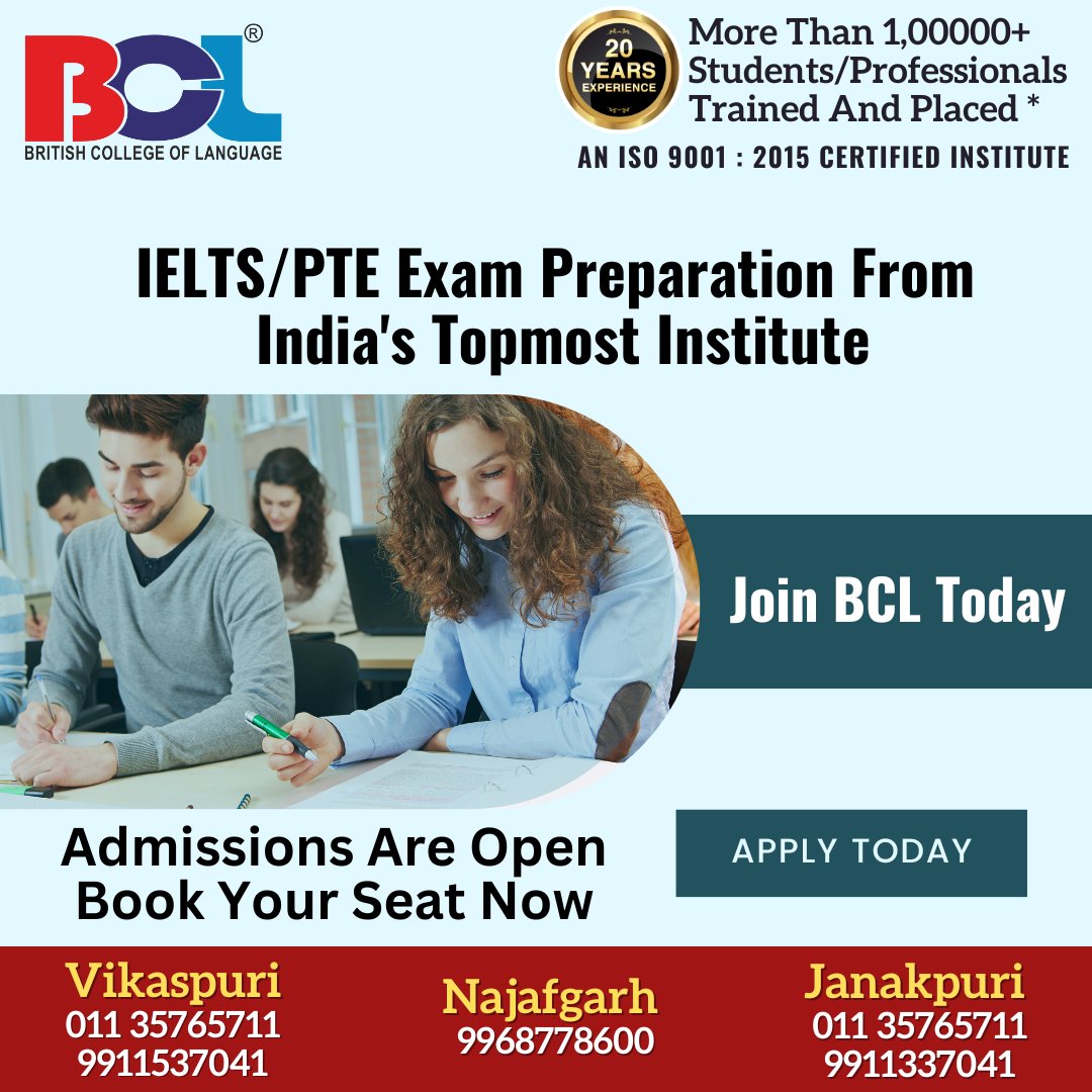 bcl_official01's tweet photo. IELTS/PTE Exam Preparation From India's Topmost Institute.
Admissions Are Open.
Book A Free Demo Class.
Apply Now.
Call Us At: 099115 37041
#ielts #pte #listening #reading #writing #student #education #bcl #britishcollegeoflanguage #foreignlanguagetraining #englishspeaking https://t.co/81QDkcWbTC