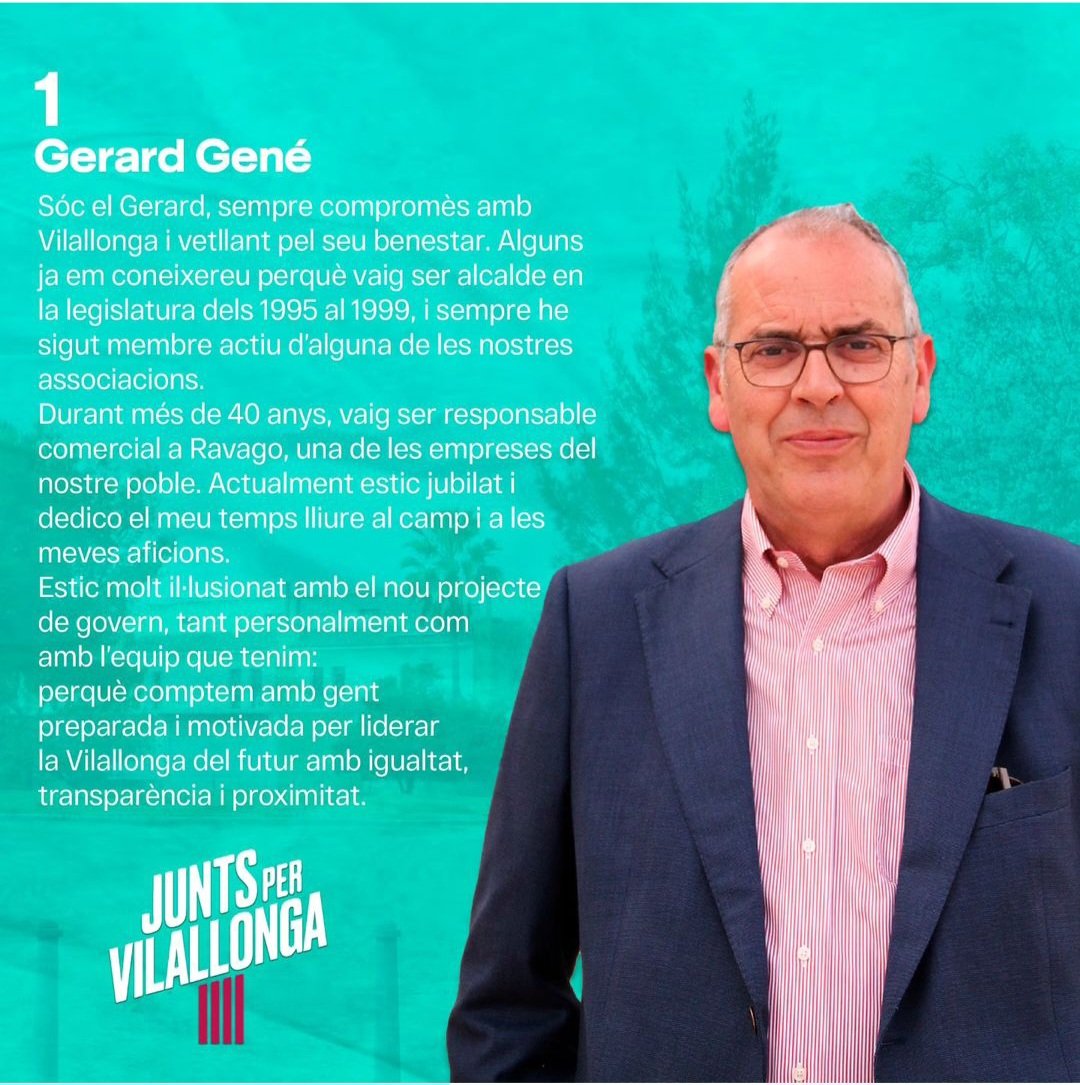 JuntsVilallonga's tweet photo. I acabem les presentacions amb el nostre alcaldable: Gerard Gené:

En Gerard ha estat cap de llista en més d'una ocasió i va ser l'alcalde de Vilallonga entre el 1995 i el 1999, any en el que va tornar a guanyar les eleccions.
#municipals2023 #gentdedebò #juntspervilallonga https://t.co/JAdYYzPqJA