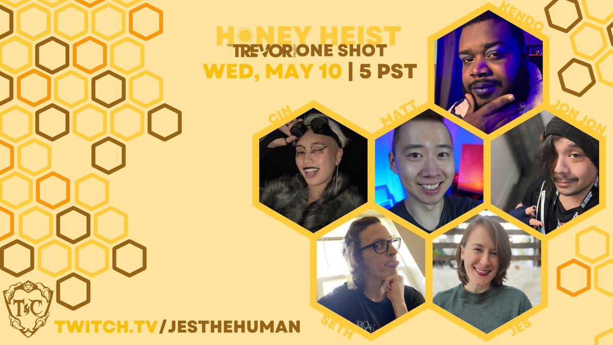 Join GM @KendoMakesFilms and players @cinsationallyme @ImprovAndRPG @BurnJonJonBurn @WitchDoctorDice and me TONIGHT as we Honey Heist it up and raise funds for the @TrevorProject 5 PST 🐝 twitch.tv/jesthehuman Donate: donate.tiltify.com/@jesthehuman/h…